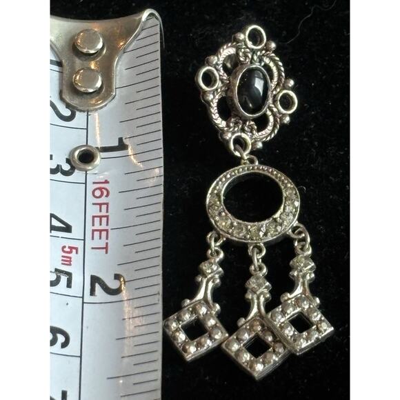 Vtg Hunkar Sterling Silver Chandelier Earrings Onyx Rhinestone 925 - Picture 4 of 7